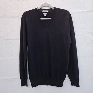 DKNY Sweater Mens‎ Medium Navy Merino Wool V Neck Thin Soft Preppy Dark Academia
